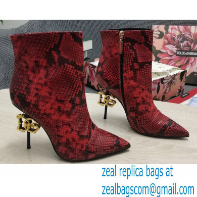 Dolce & Gabbana Thin Heel 10.5cm Leather Ankle Boots Snake Print Red with Baroque DG Heel 2021 - Click Image to Close